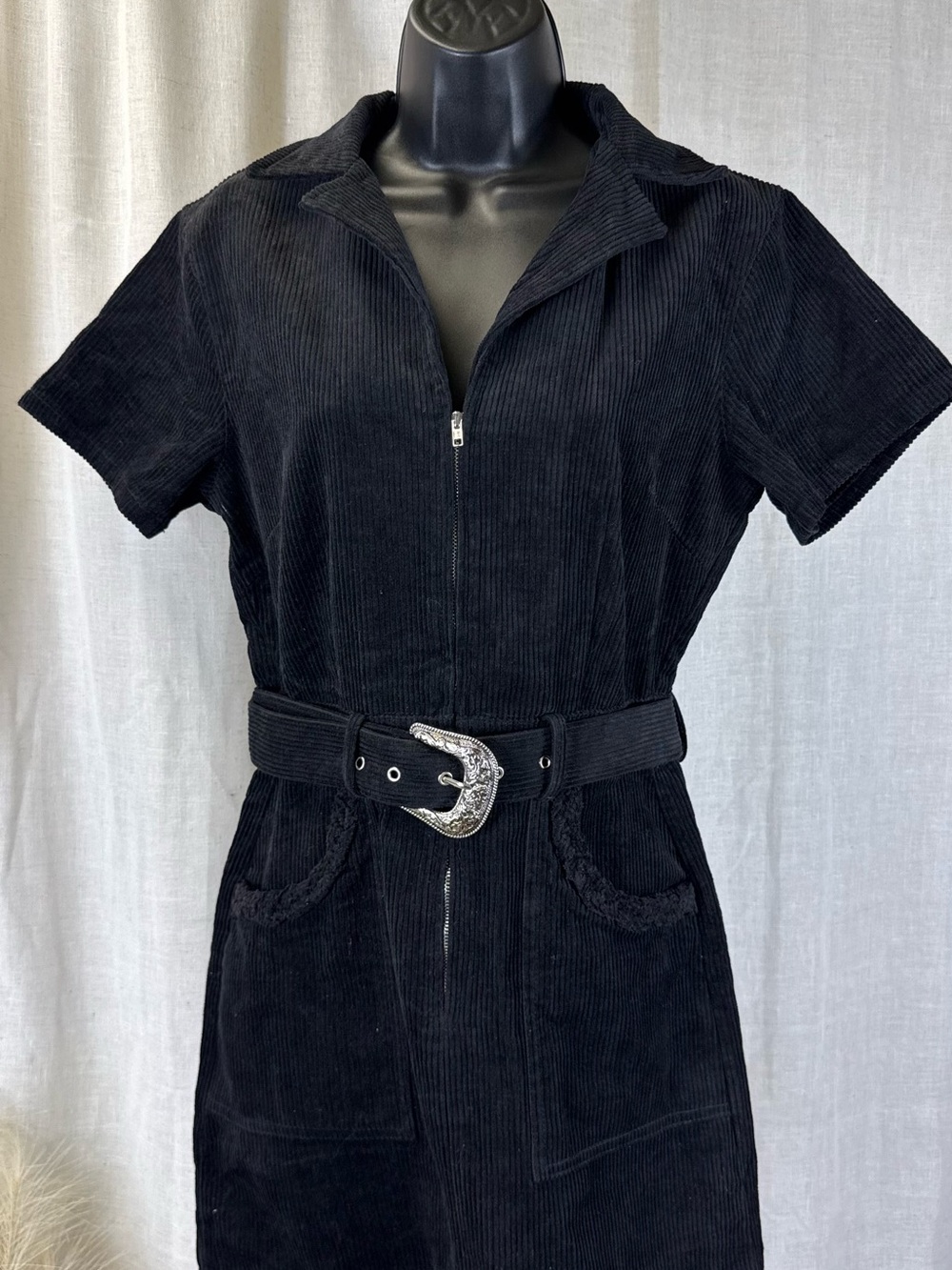 entro Black Corduroy Zip-Front Mini Dress with Western Buckle Belt